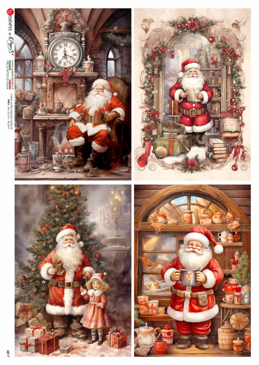 Paper Designs  SET 7 FESTIVE SANTAS 4 PACK RICE PAPER A4 (8.3 X 11.7 INCHES)