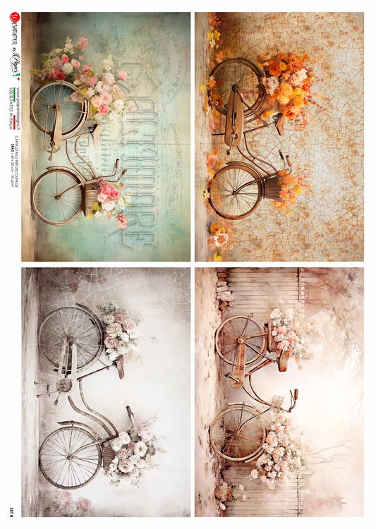 Paper  Designs SET 8 , BICYCLES 4 PACK RICE PAPER A4 (8.3 X 11.7 INCHES)