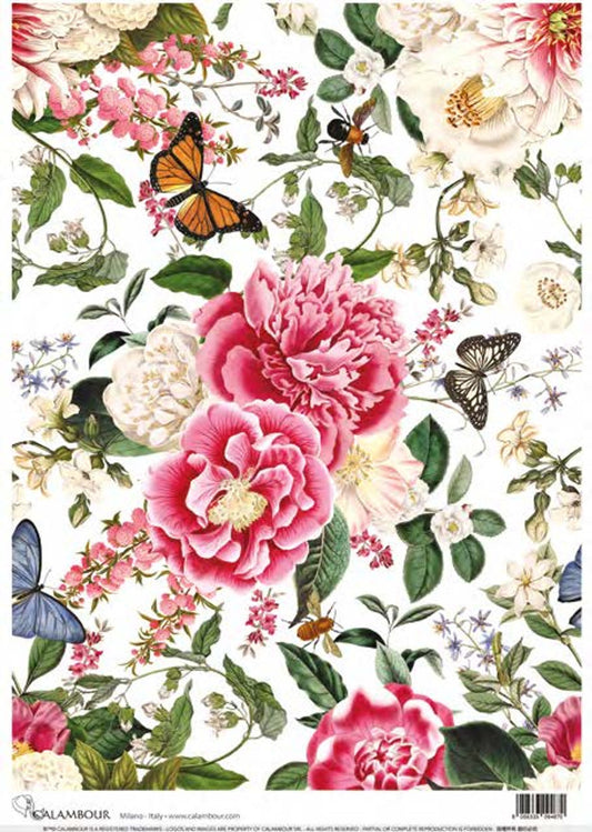Calambour pink & white floral pattern 3 Rice Paper A3 ( 12.5 X 18 INCHES)