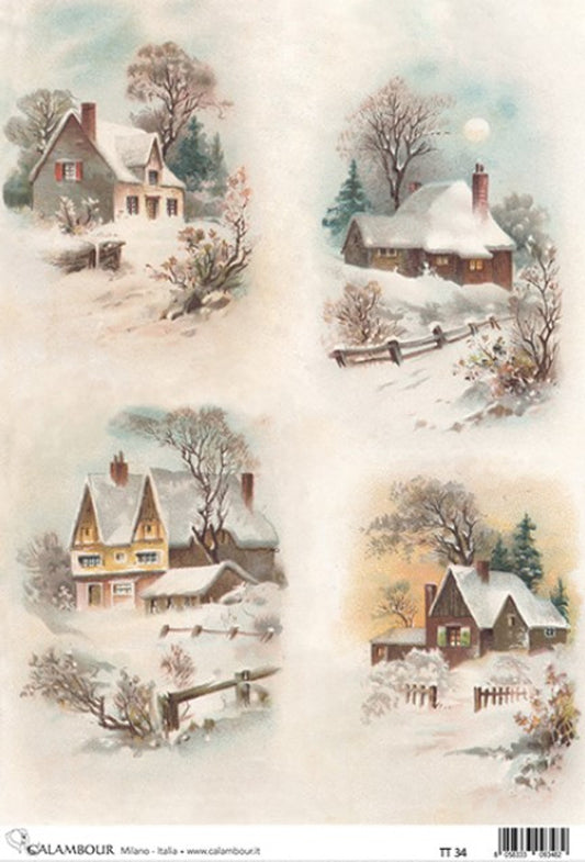 Calambour 4 pack Snow covered Houses Rice Paper A4  8.3 X 11.7  inches