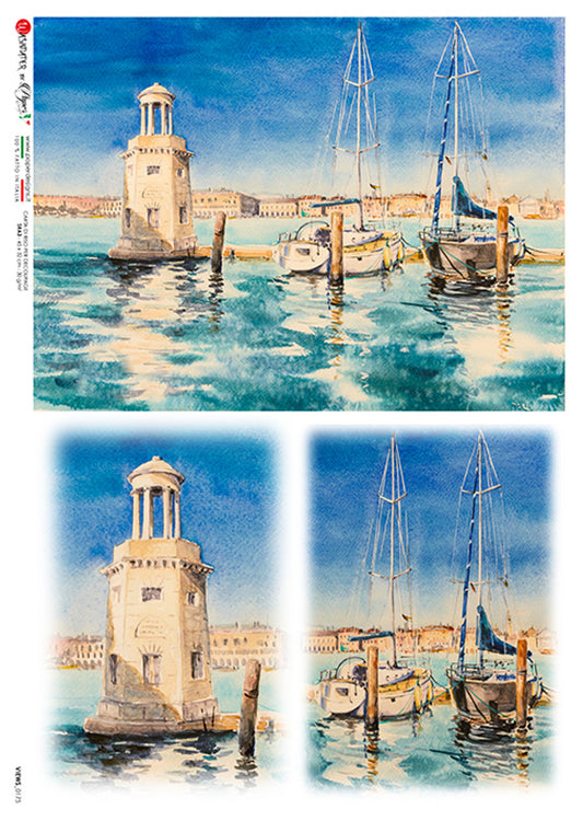 Paper Designs 3 LIGHTHOUSE & SAILBOAT SCENES NAUTICAL COASTAL RICE PAPER A4(8.3 X 11.7 INCHES)