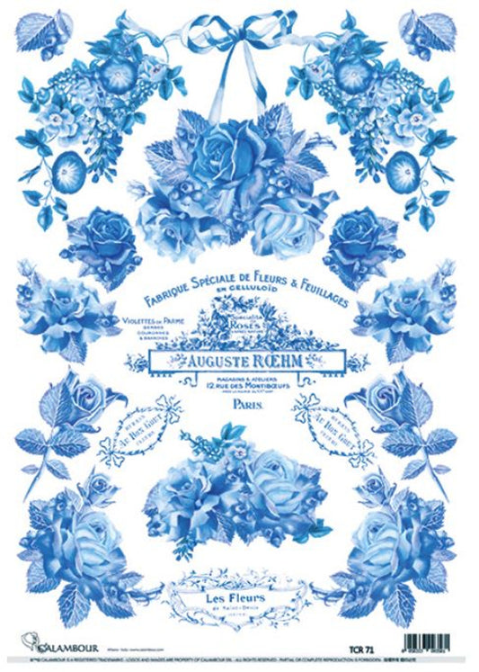 Calambour Rice Paper A3  PLUS ( 12.5 X 18 INCHES) BLUE FLORAL