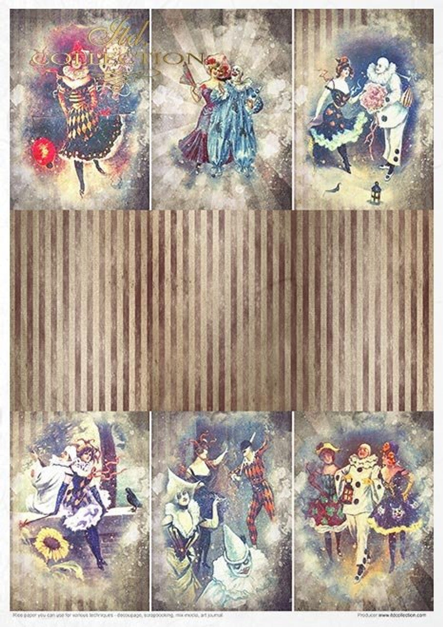 ITD COLLECTION  Rice paper pack of 11 , Carnival Circus Pierrot in love A4 (8.3 X 11.7 INCHES)