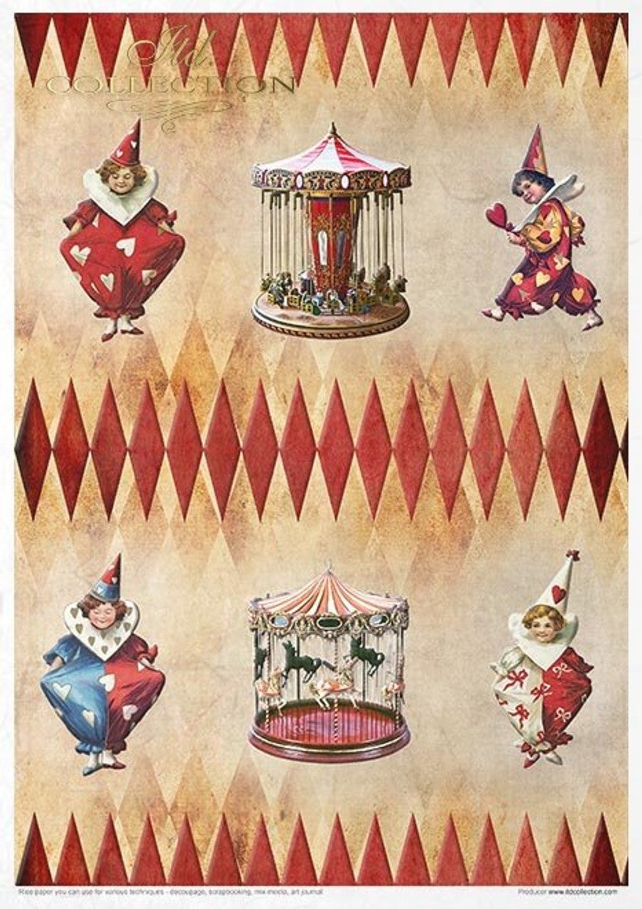 ITD COLLECTION  Rice paper pack of 11 , Carnival Circus Pierrot in love A4 (8.3 X 11.7 INCHES)