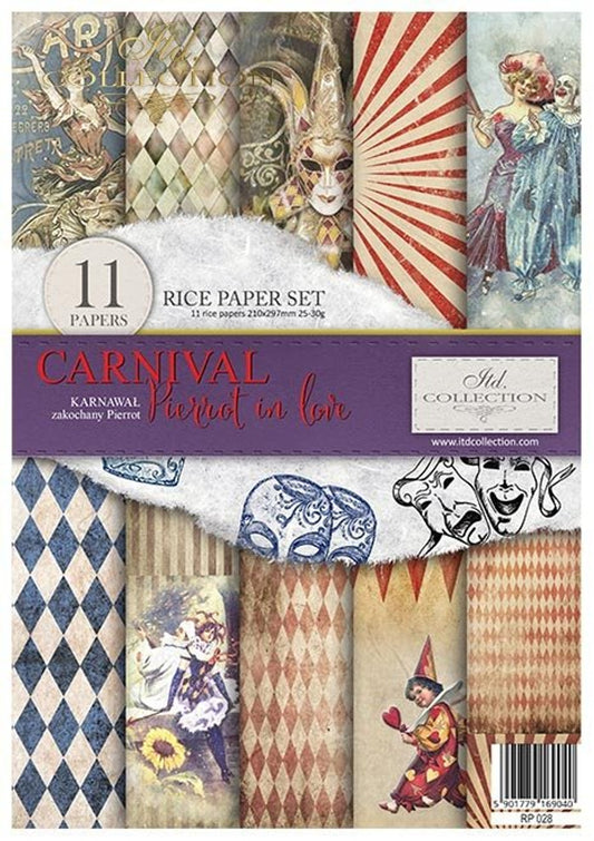 ITD COLLECTION Rice paper pack of 11 , Carnival Circus Pierrot in love A4 (8.3 X 11.7 INCHES)