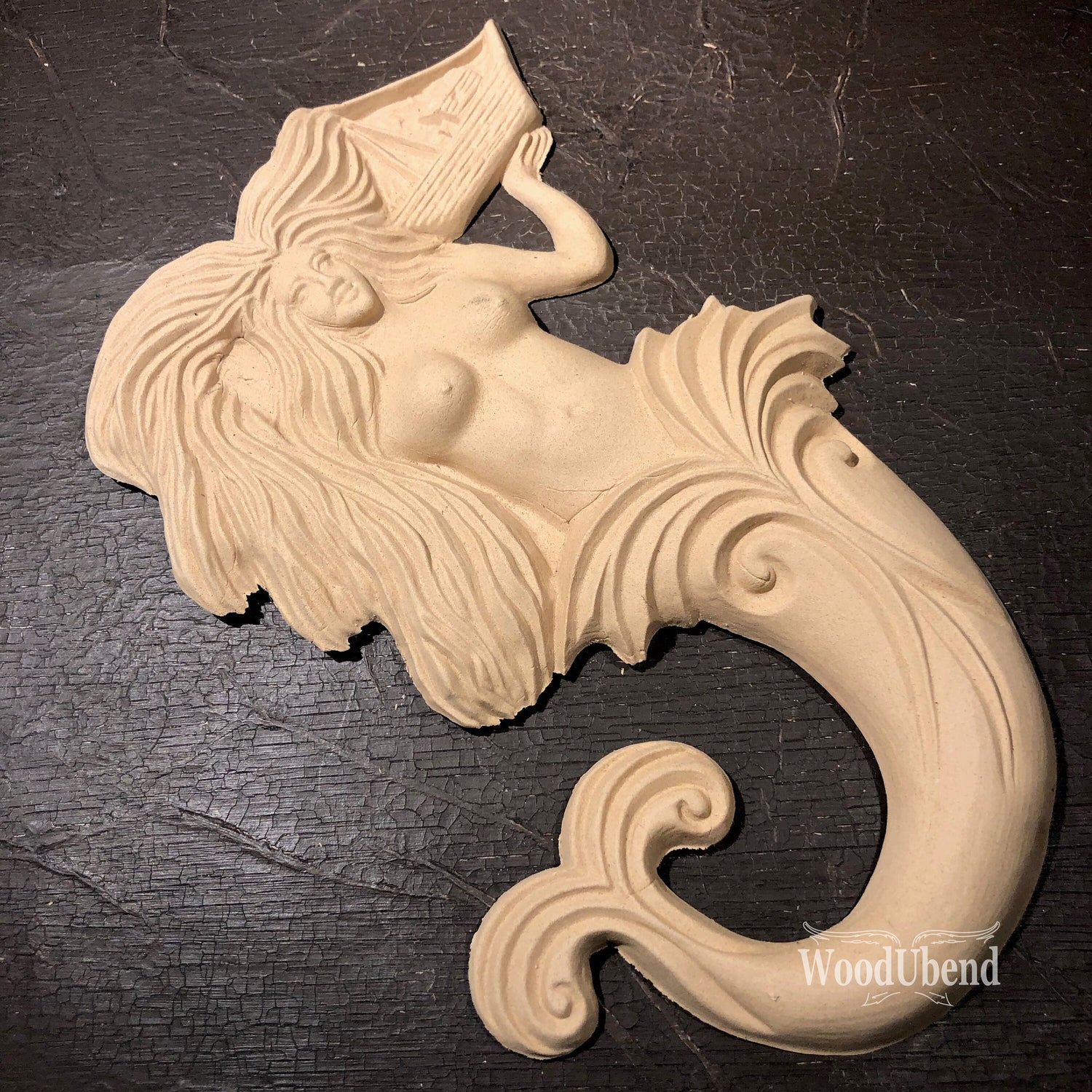 woodubend 25 x 24 cm, Decorative Mermaid holding shippplique/WoodUbend Furniture Moulding, SKU 2283 Bendable when heated