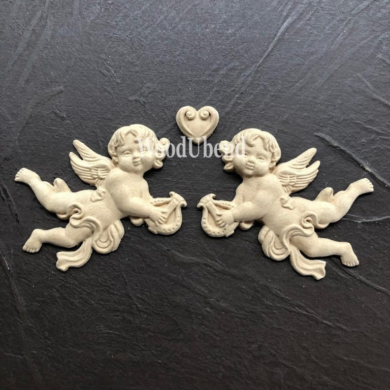 woodubend 10 x 8cm, three piece set of cherubs with a small Heart, Decorative Furniture Applique/ Moulding, SKU 1186 bendable when heated .