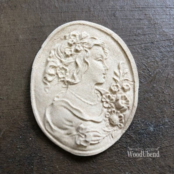 woodubend 5 x 4 cms small plaque of a lady, ornament, decorative woodubend moulding, SKU 2167, bendable when heated
