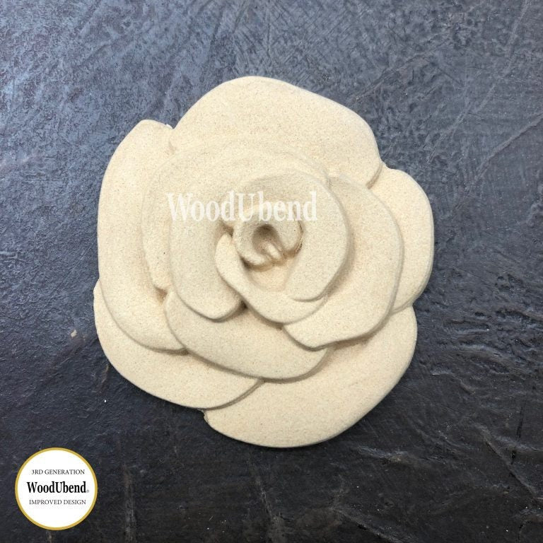 woodubend 7.5 X 7 cm, Full petal rose flower Applique/ WoodUbend Furniture Moulding, SKU 2185 bendable when heated