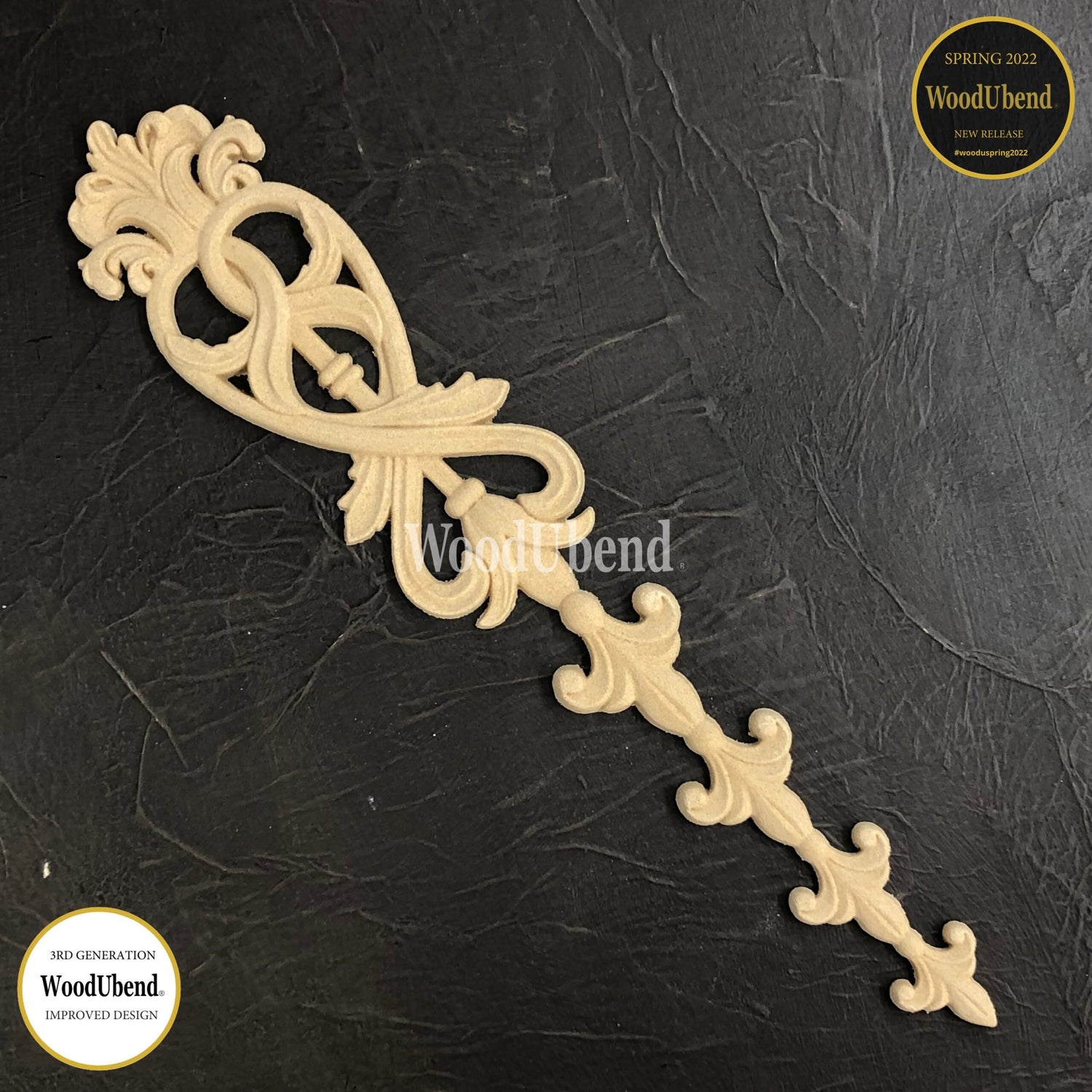 35 x 6.3 cm x 0.5cm decorative carved floral drops Applique scroll /WoodUbend Furniture Moulding, SKU 2144 bendable when heated