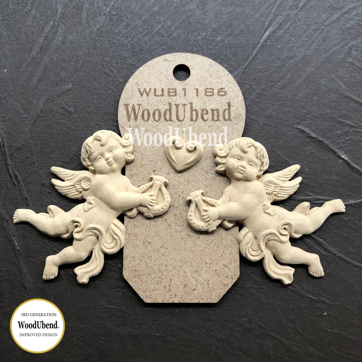 woodubend 10 x 8cm, three piece set of cherubs with a small Heart, Decorative Furniture Applique/ Moulding, SKU 1186 bendable when heated .