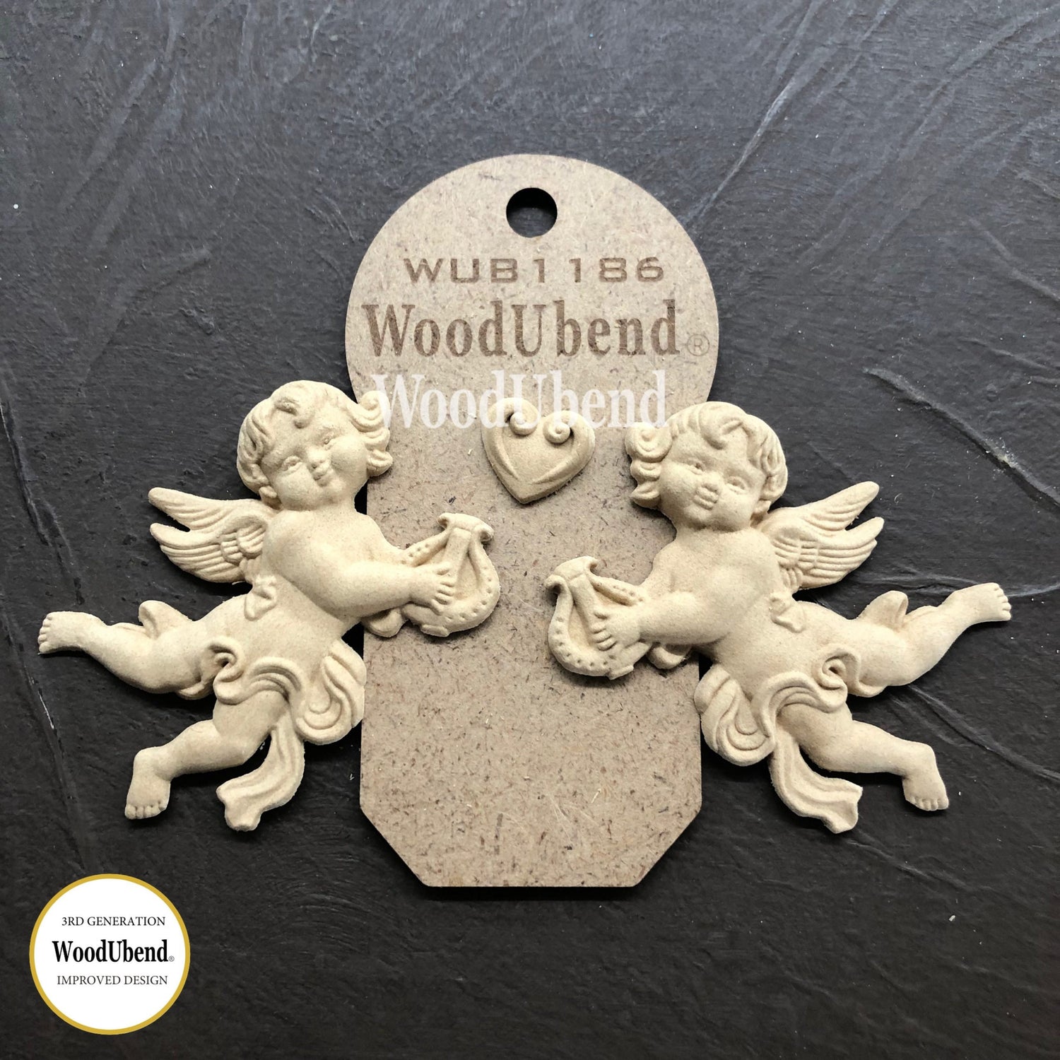 woodubend 10 x 8cm, three piece set of cherubs with a small Heart, Decorative Furniture Applique/ Moulding, SKU 1186 bendable when heated .