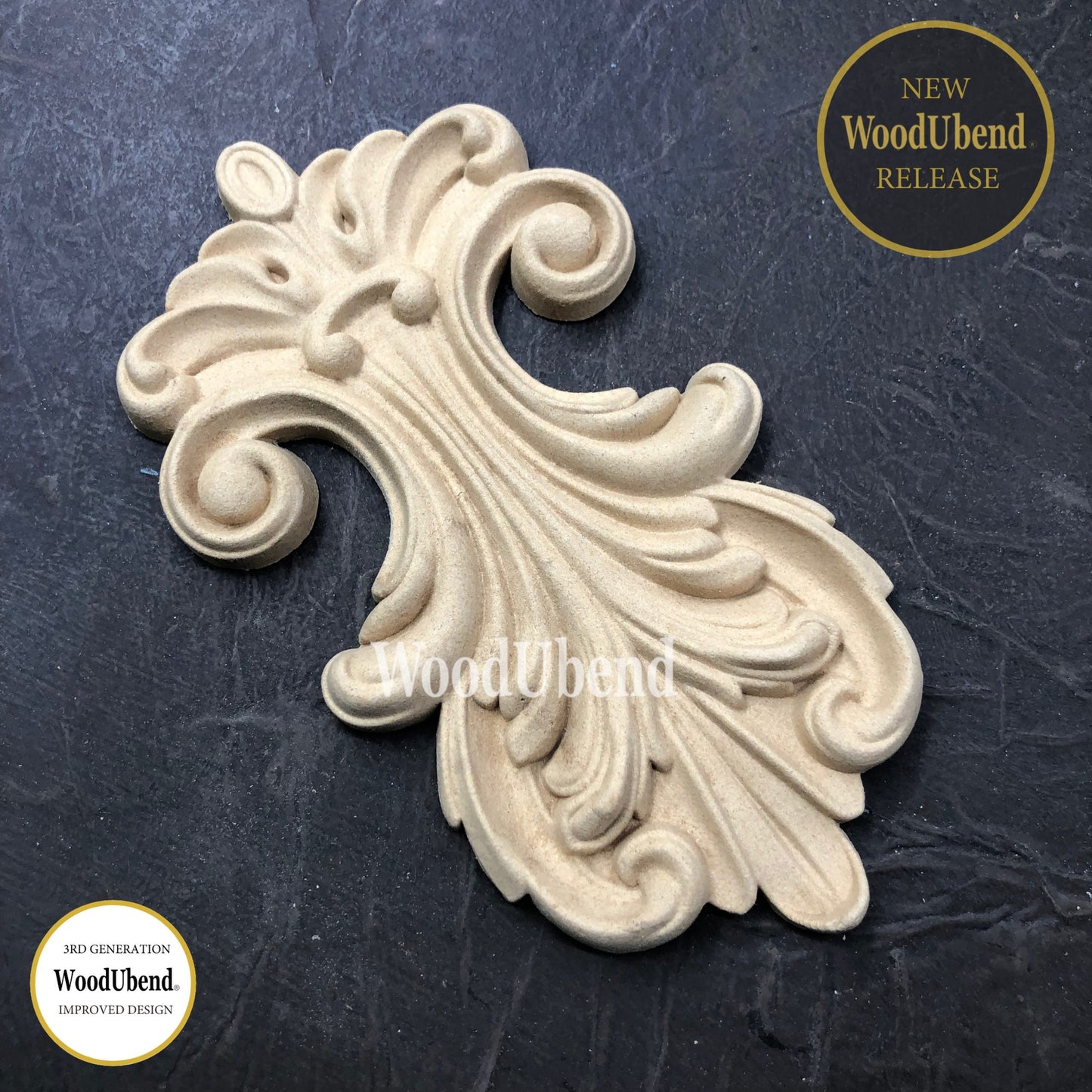 Woodubend Pediment scroll, furniture applique 16x9.4cm SKU 6053, bendable when heated