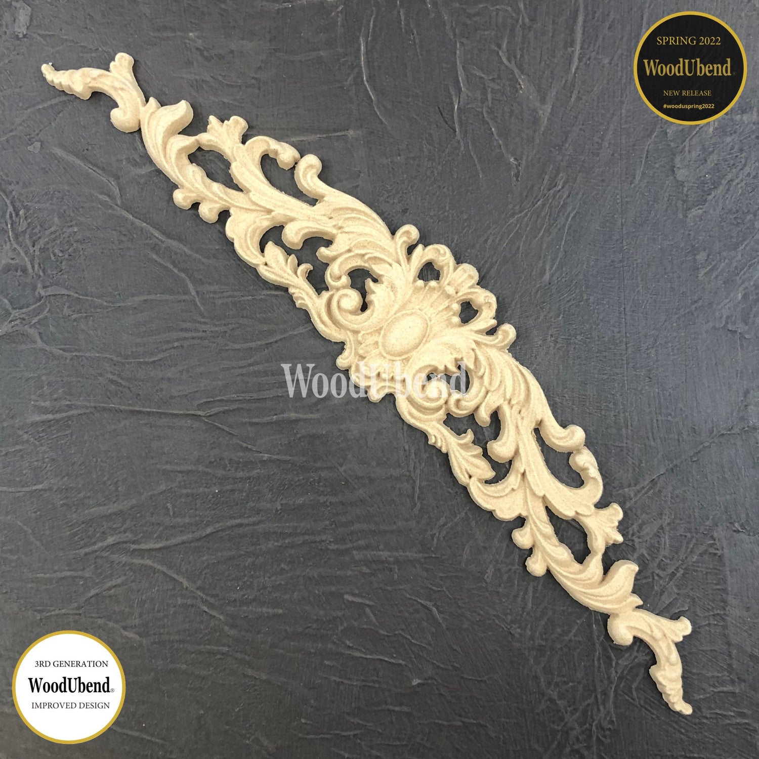WoodUbend Applique Leafy Pediment 29×5.5×0.7cm, decorative molding SKU 6107 , Bendable when heated.