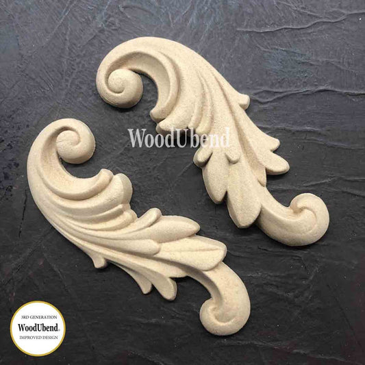 12cm x 5cm, Pair of Acanthus Scrolls, Decorative Furniture Applique/WoodUbend Moulding, SKU 1320 bendable when heated