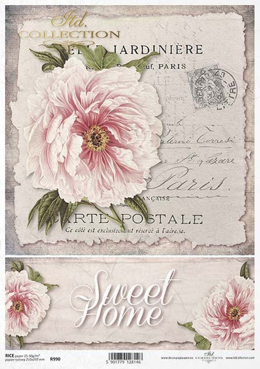 ITD COLLECTION  French Pink Floral Rice Paper A4 (8.3 X 11.7 INCHES)