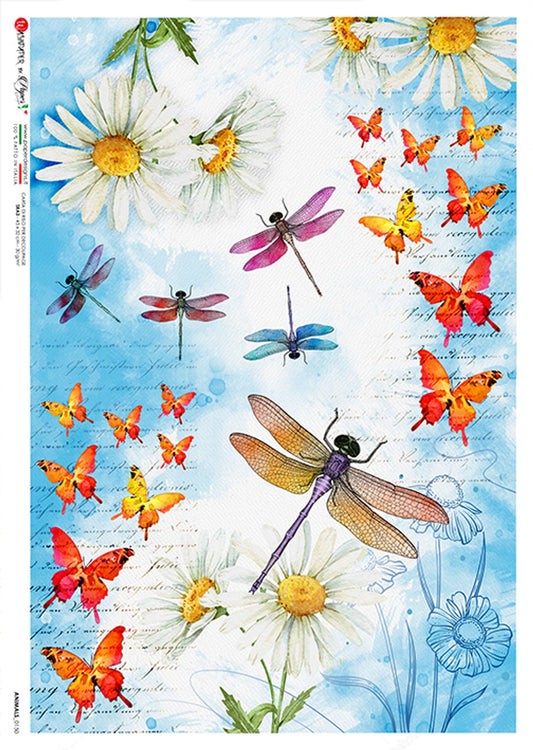 Paper Designs 0150 DRAGONFLIES AND BUTTERFLIES RICE PAPER A3  (11.7 X 16.5 INCHES)