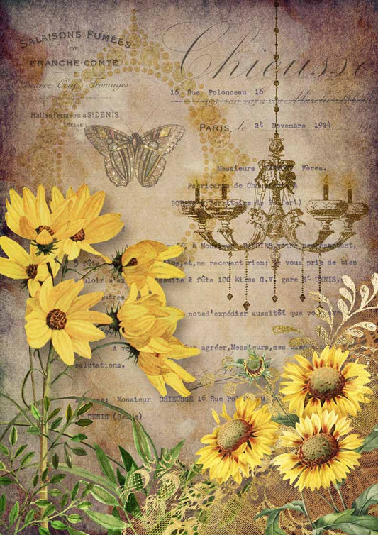 Decoupage Queen Elegant Sunflowers with Chandelier Rice Paper A4 (8.3 X11.7 INCHES)