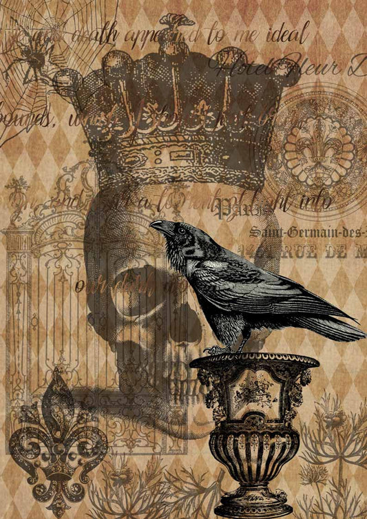 Decoupage Queen, Halloween Raven with skull & gate Rice Paper A4 (8.3 X 11.7 INCHES)