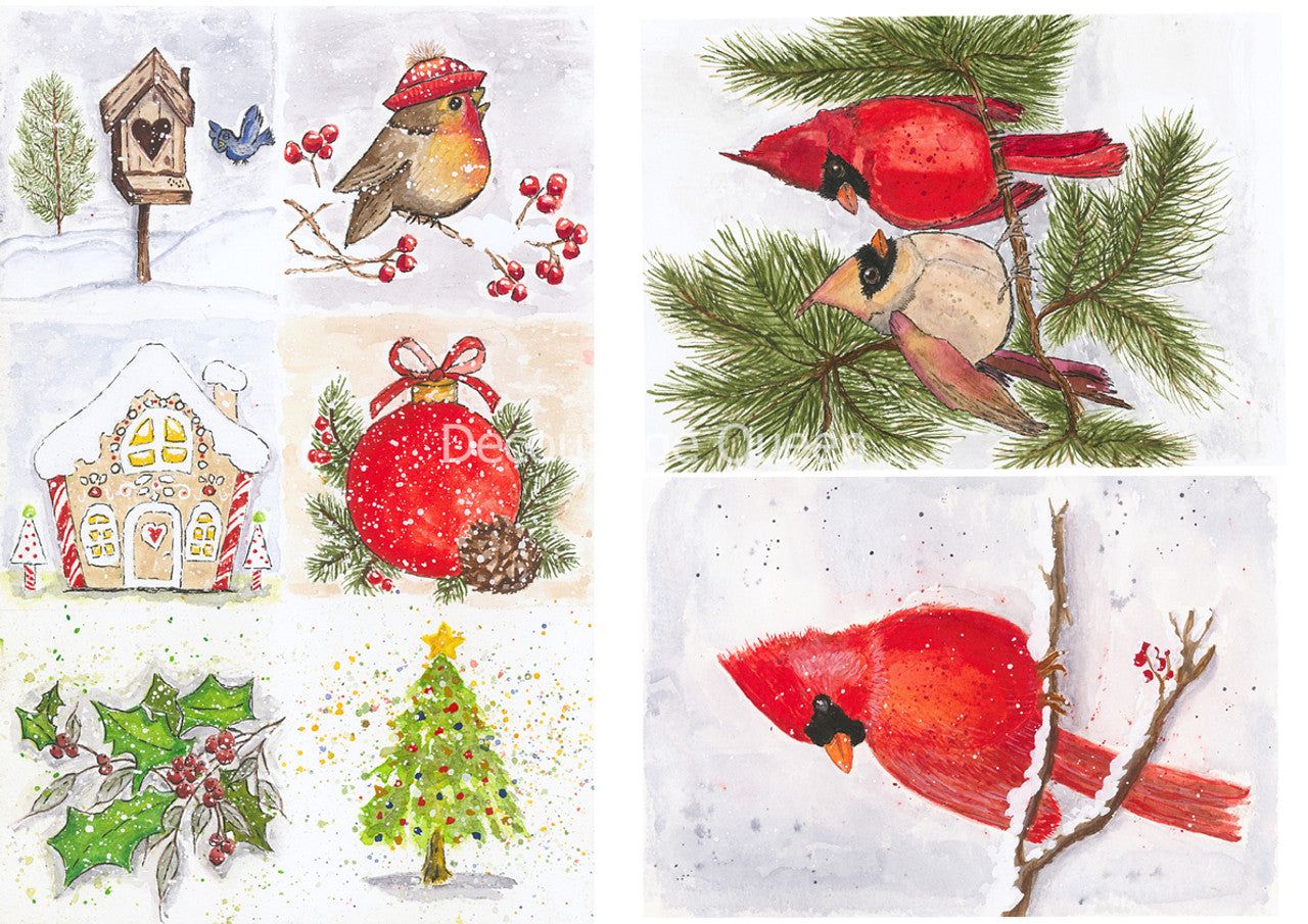Old to Ooh La La  Victoria's Christmas Birds Rice Paper A4 (8.3 X 11.7 INCHES)