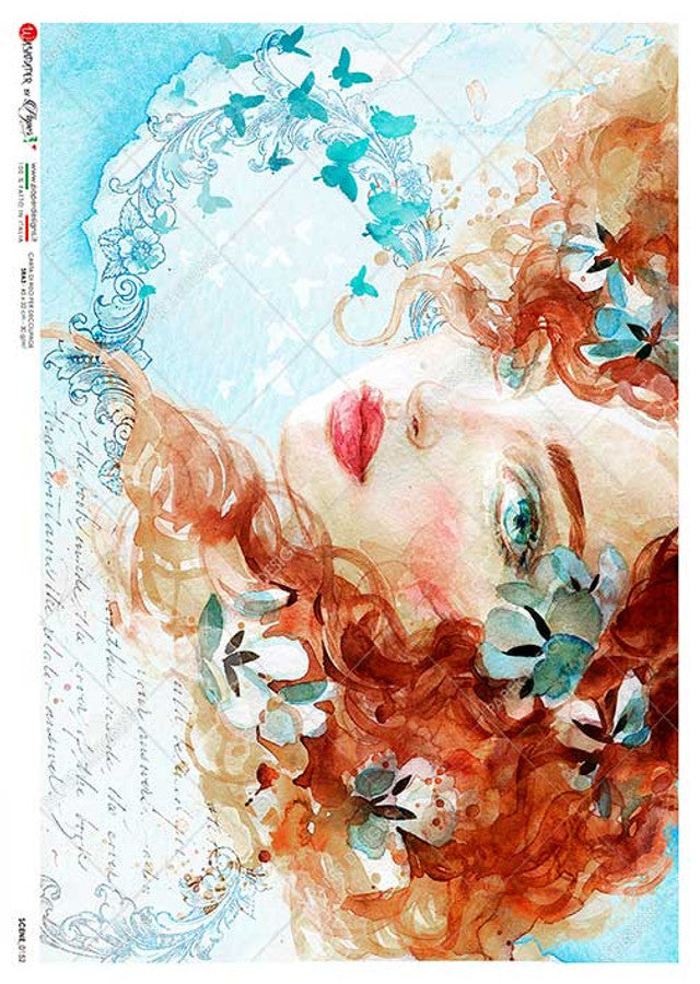 Paper Designs Rice Paper Watercolor with Red Hair Portrait Scene 0152 A4 8.3 X 11.7 inches