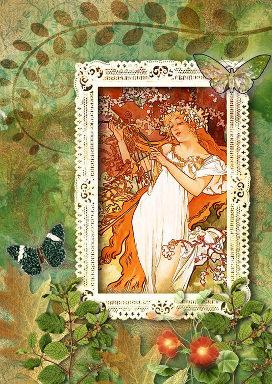 Decoupage Queen, Woodland Framed Mucha Girl Rice Paper A4 (8.3 X 11.7 INCHES)