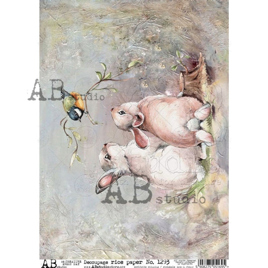 AB Studios Rice Paper Two Bunnies and a bird A4 (8.3 X11.7 INCHES )