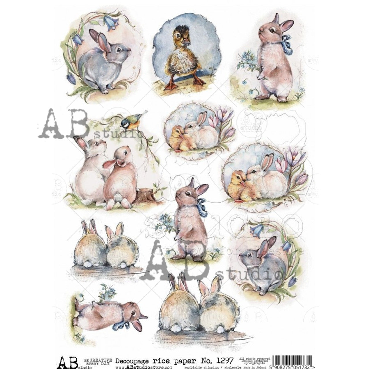 AB Studios Rice Paper Little watercolor Bunnies A4 (8.3 X11.7 INCHES )
