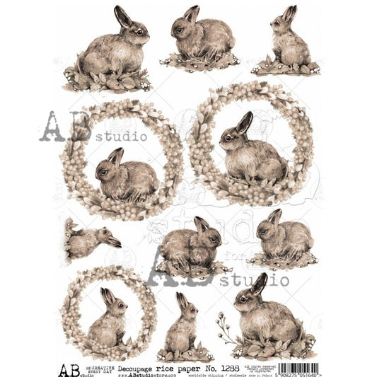 AB Studios Rice Paper Sepia Bunny Rabbits A4 (8.3 X11.7 INCHES )