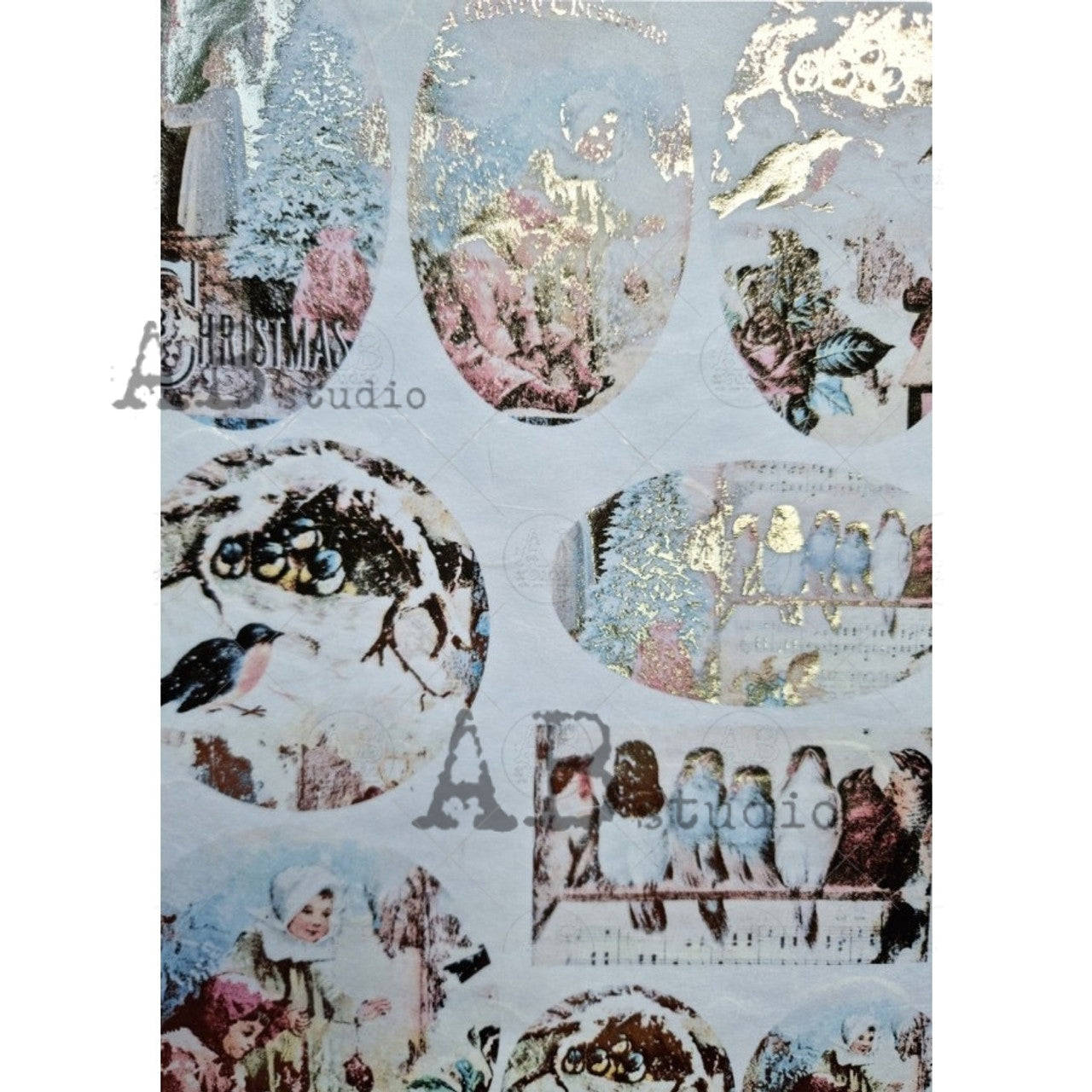 AB Studios Rice Paper Gilded Vintage Birds & children Scenes  A4 (8.3 X11.7 INCHES )