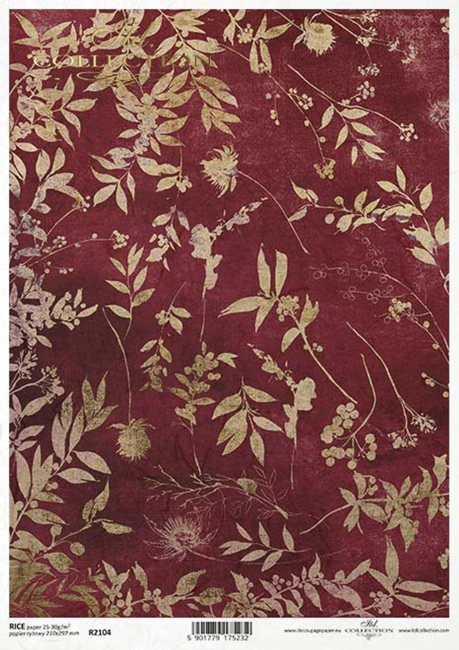 ITD COLLECTION Burgundy with Gold Leaves RICE PAPER A4 (8.3 X 11.7 INCHES)