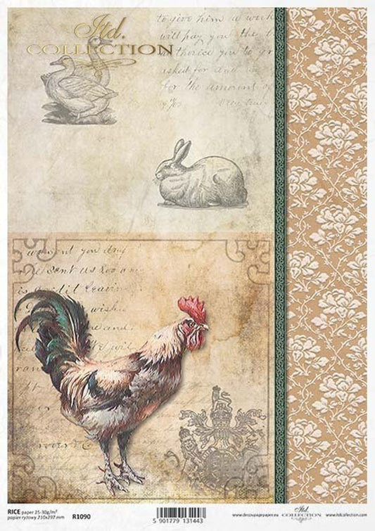 ITD COLLECTION Rooster Bunny and duck RICE PAPER A4 (8.3 X 11.7 INCHES)
