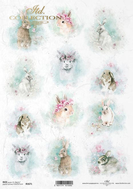ITD COLLECTION Watercolor Easter Animals RICE PAPER A4 (8.3 X 11.7 INCHES)